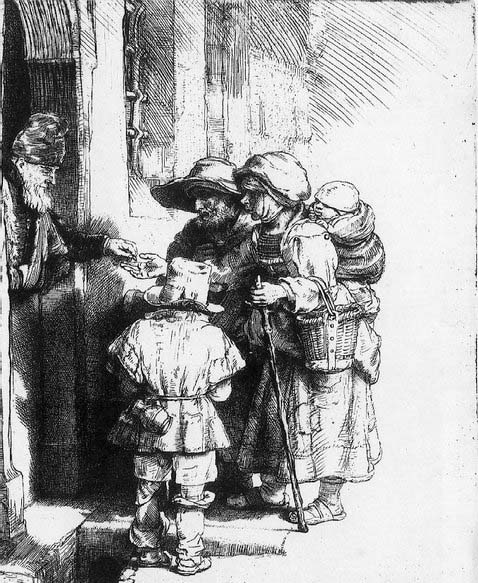 Beggars receiving alms at the door of a house